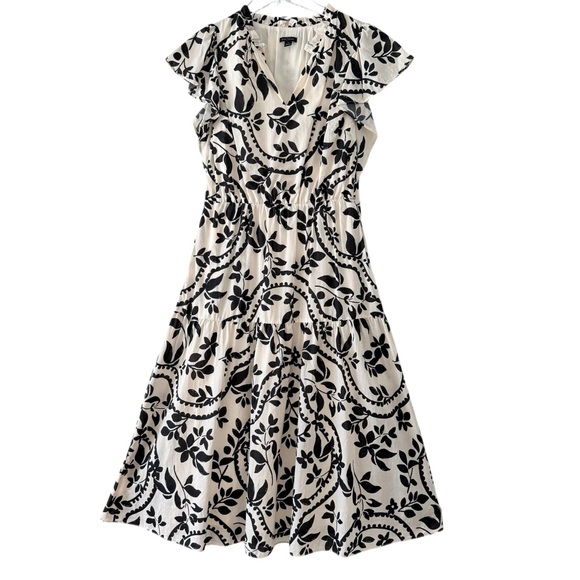 Floral Ann Taylor Lined Maxi Dress Neutral Black &Tan Flutter Sleeve Size Medium - Picture 1 of 7
